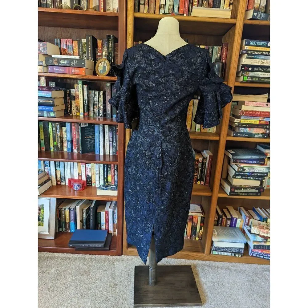 Theia ruffle sleeve cloque dress blue and gold knee length cocktail dress nwt sz - Picture 2 of 7